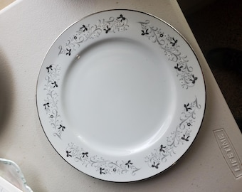 Moon Mist Fine China 10.25 inch Dinner/Chop, Serving Plate, Gray and White Scrolls & Flowers, Retired Pattern, Fine China, Made in Japan