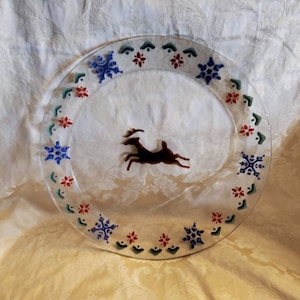 Pfaltzgraff,  Nordic Christmas Round Glass Platter,  13&quot; Reindeer,  Made in France, Holiday Serving Dish, Vintage Christmas Dish