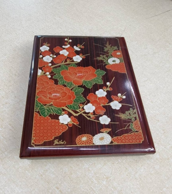 Red Lacquerware, Small Rectangular Box, Faux Wood… - image 1