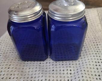 Miles Kimball Cobalt Blue, Salt and Pepper Shakers, Spice Jars, Vintage Kitchen Tool, Aluminum Tops