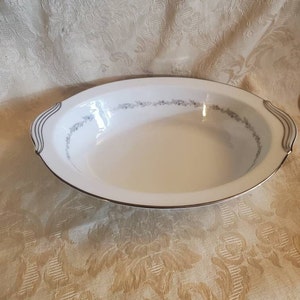 Noritake Fine China, Crestmont Pattern, 10.50 inch Oval  Vegetable/Pasta/Potato Serving Bowl, Gray Scroll Band, Smooth, Platinum Trim