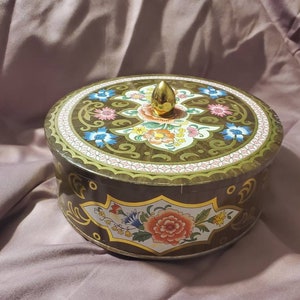 Aged Collectible Multicolored, Brown, Gold Box with Pink Flower, Daher Tin Container, Made in England, Long Island, New York