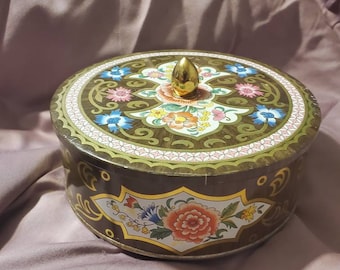 Stary kolekcjonerski wielokolorowy, brązowy, złoty pojemnik z różowym kwiatem, pojemnik z puszki Daher, wyprodukowany w Anglii, Long Island, Nowy Jork