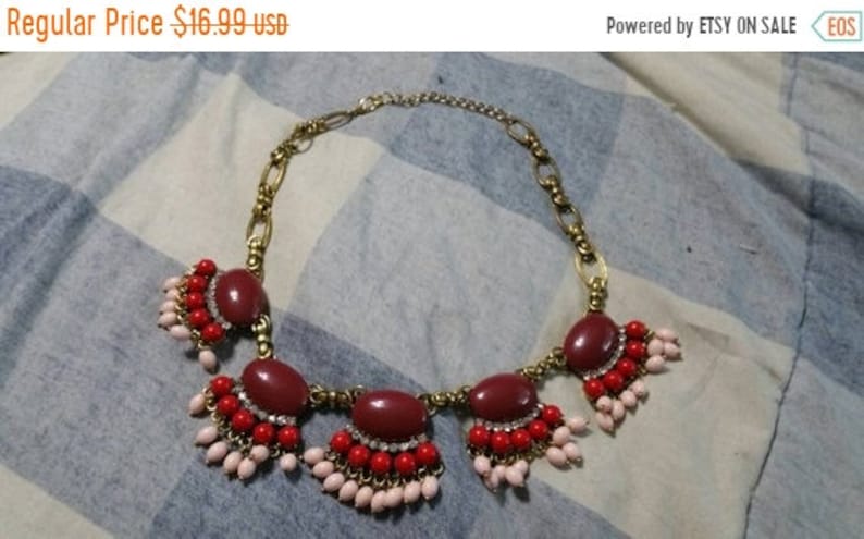 Bright Red and Pink Beaded with Rhinestone Bib 18 inch Necklace Egyptian Style Layered Costume Jewelry On Sale Brass Toned and Maroon