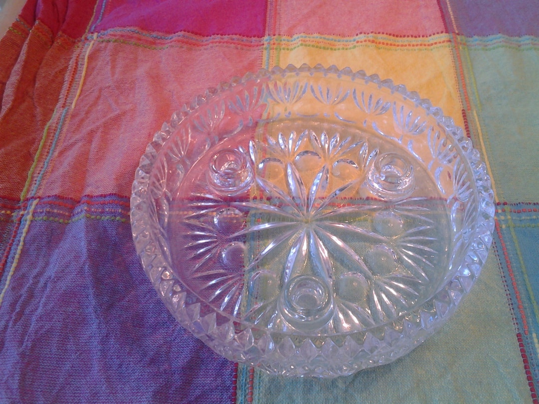 Crystal Pressed Glass 3 Candle Holder Round Dish Home Decor Candy Dish