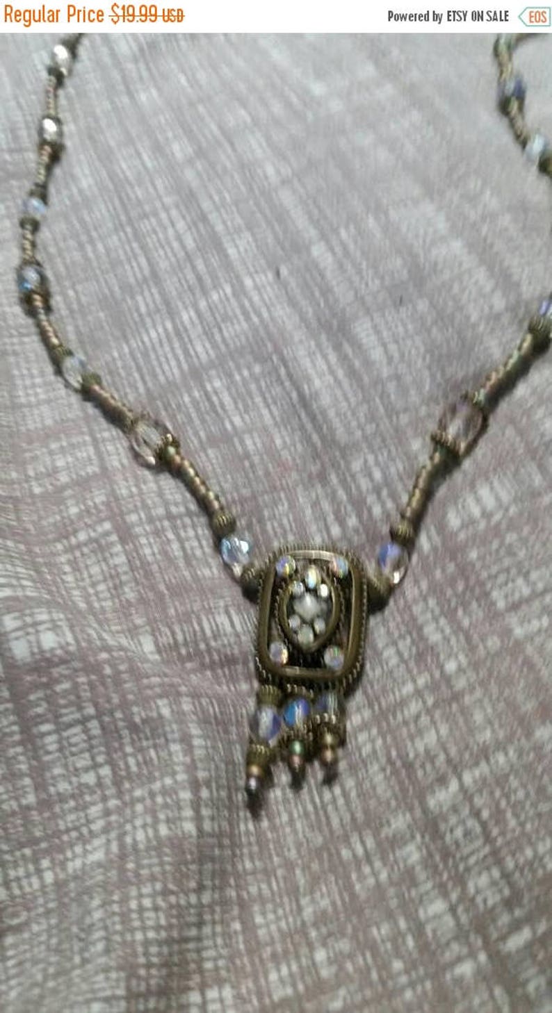 On Sale Victorian Style Rainbow Rhinestone and Brown Bead Square Pendant Necklace Costume Jewelry Fashion Accessory