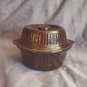 Dark Brown Pottery, Single Serving Baking or Casserole Dish with Lid, 2 Piece Set, Vintage Kitchen, Cooking Tool, Serving Dish