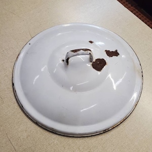 Rustic Style, Enamel Ware, Rustic and White, 11.50 inch Large Round Lid for Cooking or Decorating