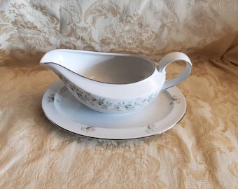 Johann Haviland,  Gravy Boat with Attached Underplate "Forever Spring" Floral Rim & Center, Platinum Trim, Syrup or Sauce Dish