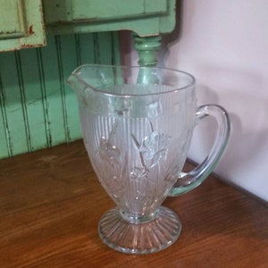 Jeannette Glass Crystal Iris and Herringbone  8.75 Inch Footed Water Pitcher, Vintage Serving Dish