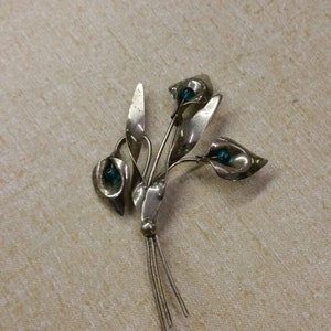 Vintage Sterling Silver Calla Lily and Blue Bead  Brooch or Pin Costume Jewelry Fashion Accessory