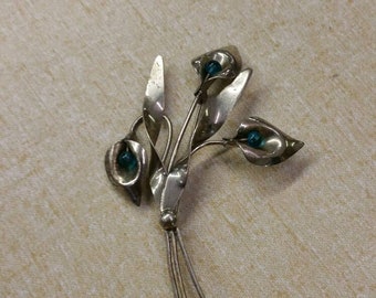 Vintage Sterling Silver Calla Lily and Blue Bead  Brooch or Pin Costume Jewelry Fashion Accessory