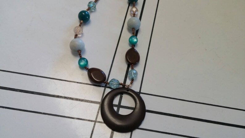 On Sale Collectible Bling Boho Style Turquoise and Brown Brass Toned Pendant Necklace
