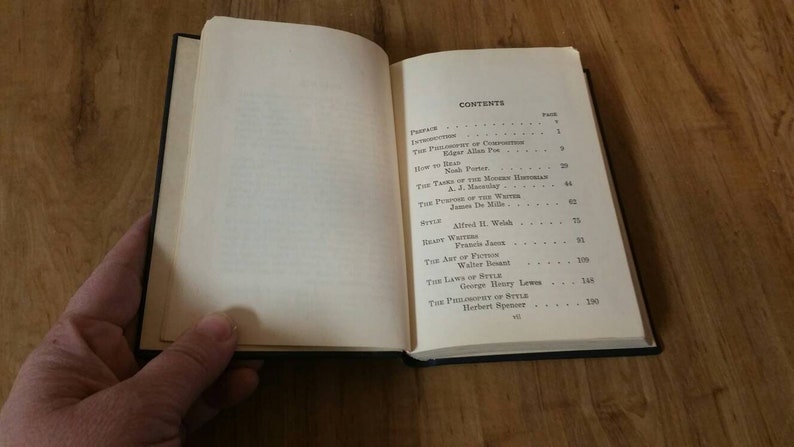 May include: A book with a white cover and black text. The book's title is "The Philosophy of Style" by Herbert Spencer. The table of contents lists the names of authors and their essays, including "The Philosophy of Composition" by Edgar Allan Poe, "How to Tell a Story" by Mark Twain, and "The Art of Fiction" by Henry James.