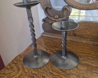 Set of 2, Primitive Black Hand Wrought Candlestick Holders with Round Bottom, Vintage Lighting Feature, Rustic Home Decoration
