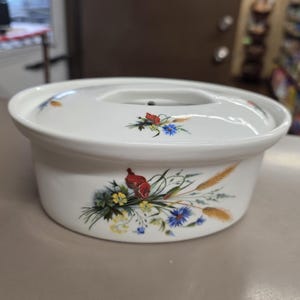 Bia Cordon Bleu France, Heavy Porcelain, Small Casserole Dish with Red, Yellow and Blue Flower Design, 2 Piece Set, Vintage Kitchen