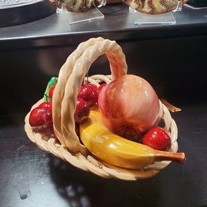 Made in Italy Ceramics of Bassano Fruit Basket Decoration or Centerpiece, Rare Find, Apple, Banana, Cherries, Tan Basket
