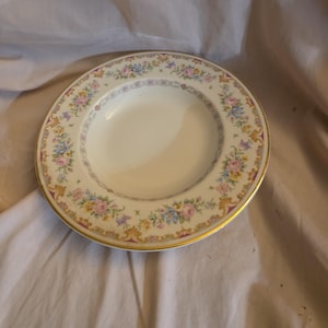 Syracuse China, Marlene Pattern, 8.78 inch Wide Rim Soup Bowl, Fine China, Floral Sprays, Maroon & Blue Border, Made in USA, Cottage Style