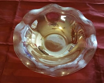 Caléndula con volantes o naranja iridiscente, tazón de vidrio Carnival o Depression de 9.75 pulgadas, plato para servir con diseño Floragold o Florigold