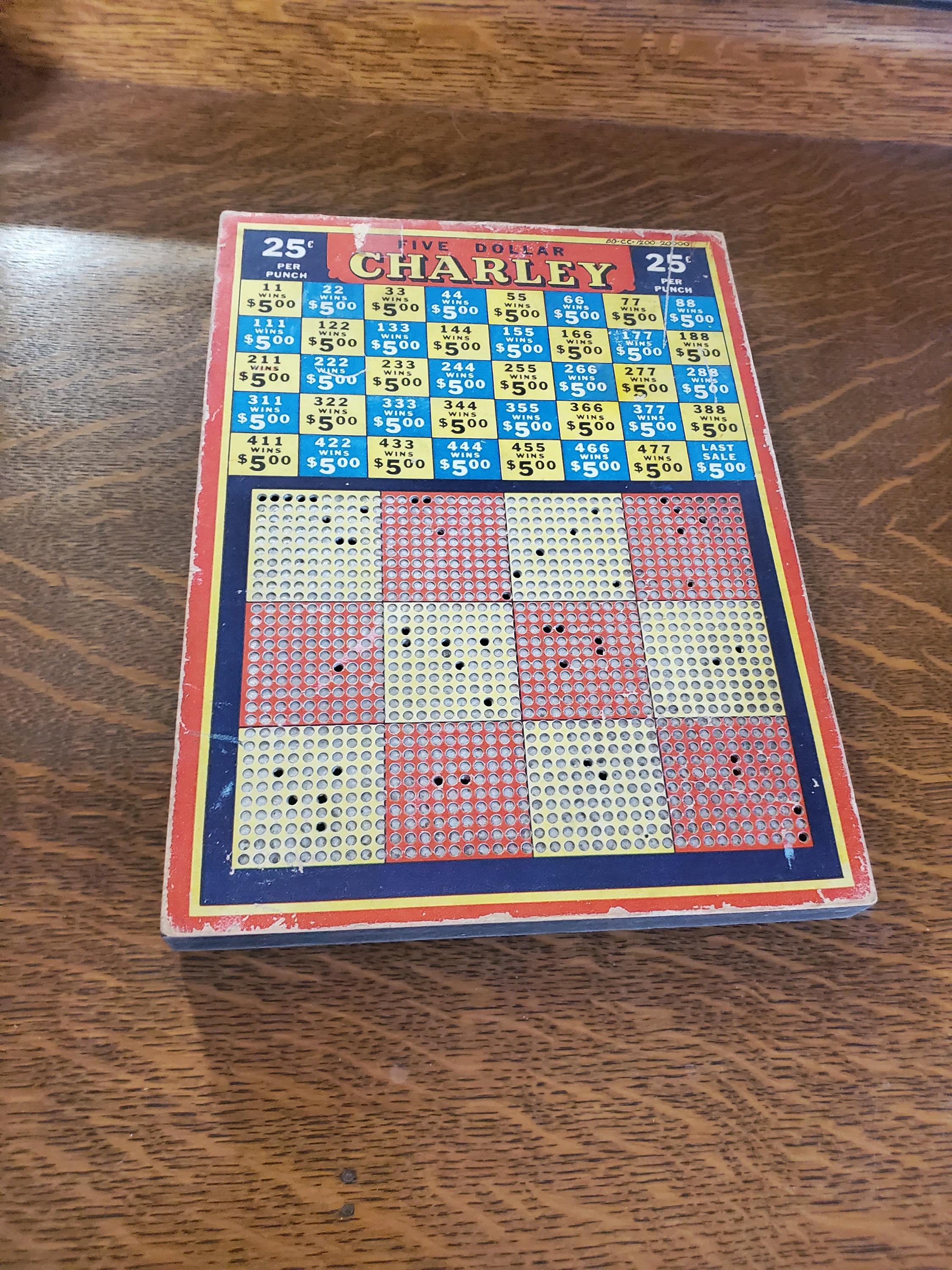 Five Dollar Boy Charley, Used 1940s Jackpot Punch Board, Game Room