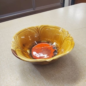 Judy of California B 275, Yellow and Brown Bowl with Bright Orange Center, Flower Planter, Mid Century, Low Profile 6.75 inch Dish