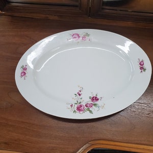 Eschenbach, 15.50 inch Oval Serving Platter with Pink Rose Design, Made in Bavaria, Germany, Gold Rim, Turkey Serving Platter