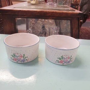 Pode incluir: Dois pratos de cozedura de cerâmica branca com uma borda azul e um padrão floral em rosa, verde e azul.