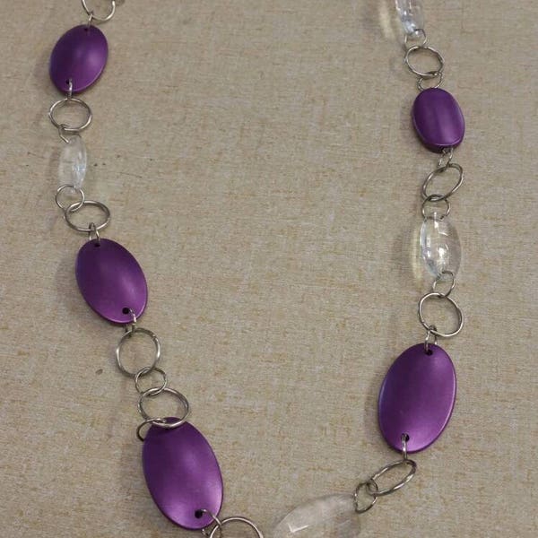 Clasp Free Inexpensive Purple  and Clear Plastic Oval Bead with Alloy Metal Hoop 34 inch Necklace Costume Jewelry Fashion Accessory