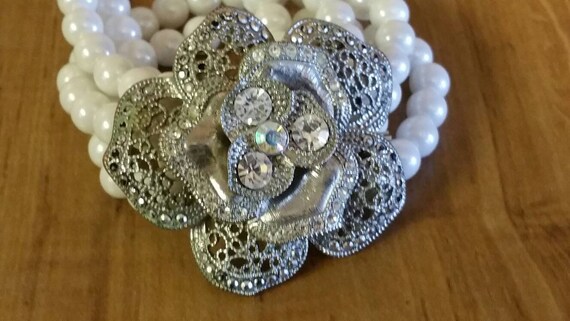 3 Strand Faux Pearl and Rhinestone Silver Toned F… - image 3