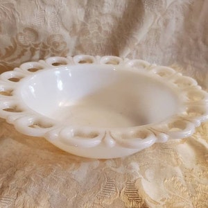 Milk Glass Open Lace, 9.5 inch Serving Bowl or Candy Dish,  Collectible Home Decor
