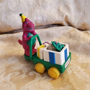 Working,  Barney Pushing Baby Bop in Push Cart,  Toy Works Lyons Group, Vintage Toys, Barney, Prop, Pop Up Toy, 1993 Toy