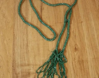 Dark Green and Gold Plastic Cord,  52 inch Tassel Necklace, Costume Jewelry, Fashion Accessory