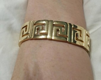 Large Modern Square Pattern,  Gold Toned Egyptian Style, Expandable Bangle Bracelet, Inexpensive Bling, Costume Estate Jewelry