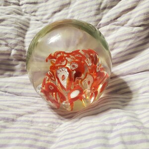 Millefiori Art Glass, Red and White Bubble Glass Paperweight, Floral Style, Office or Secretary Gift, Collectible Paperweight