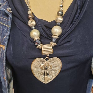 Rocker Style, Aged with Patina,  21 inch Beaded Chain Necklace with Large Heart Pendant, Black Beads, Silver Toned, Costume Jewelry