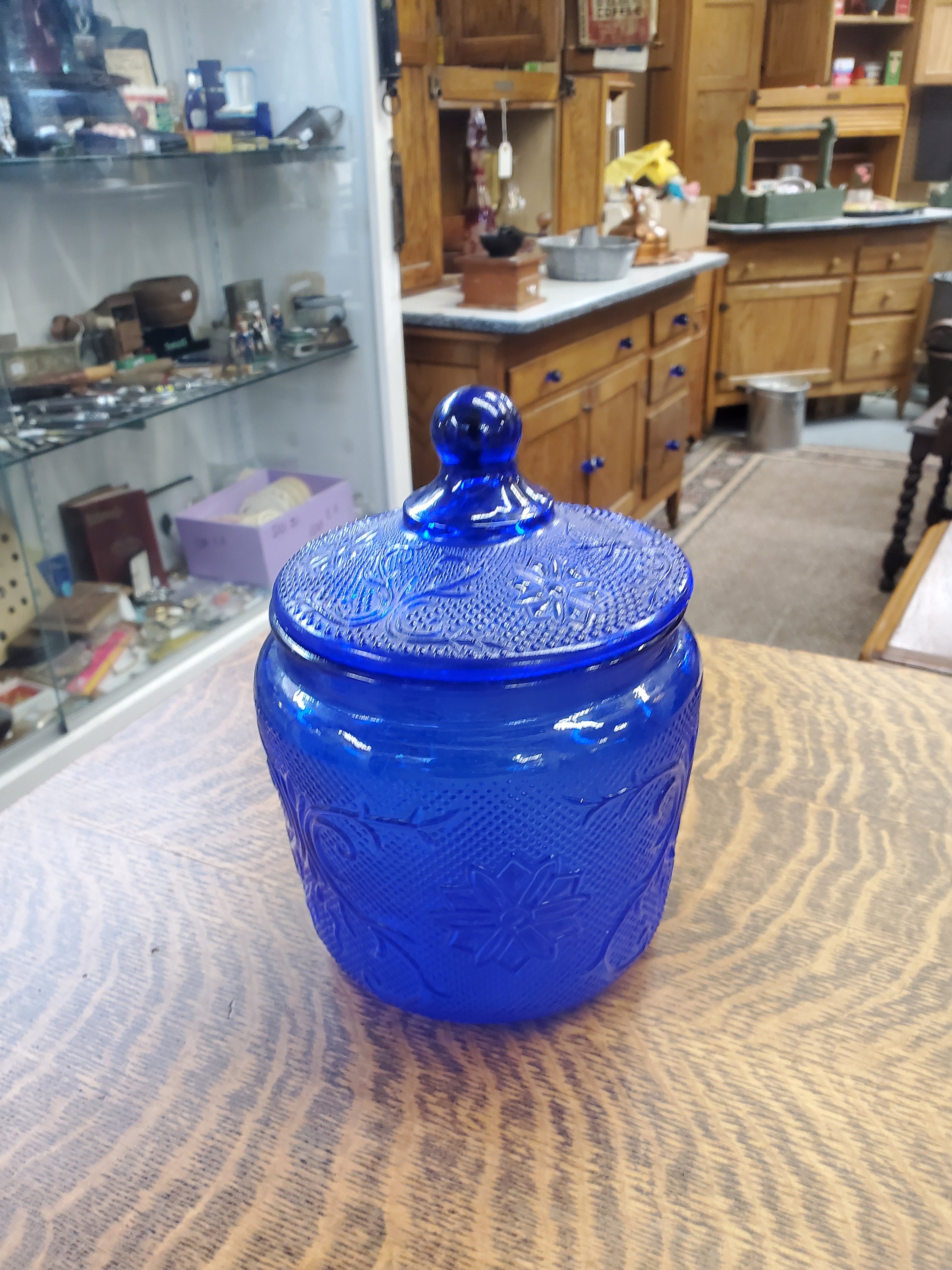 Cobalt or Bright Blue Tiara Glass Biscuit Jar With Lid Vintage