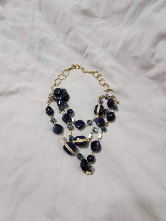Navy Blue Bead Triple Strand Gold Toned Chain 20 Inch Necklace