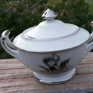 Noritake Style Platinum Rose and Gold Toned Porcelain Two Handled Sugar Bowl Vintage Kitchen