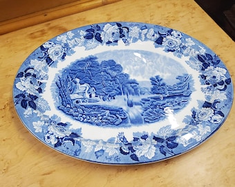 Woods Ware, Ironstone 1800, Wood and Sons landschapsscène, 16,50 inch ovaal blauw en wit transferservegoed, serveerschaal, Engels landschap