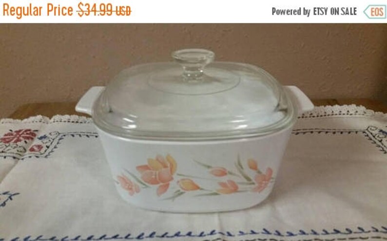 On Sale A 3 B Peach Floral Corning or Pyrex Casserole Dish 3 Liter Bowl with Lid Serving Glass Collectible Kitchen Decor