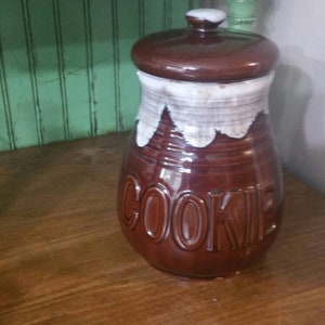 Brown and White Ceramic Dripware Cookie Jar with Lid, Made in Japan