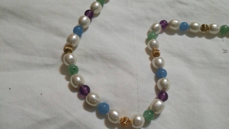 On Sale Inexpensive Bling White Purple and Light Blue Beaded and Gold Toned 36 inch Necklace Costume Jewelry Fashion Accessory