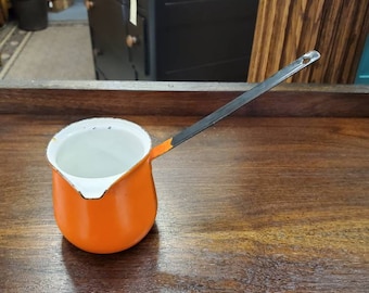 Rustic, Enamel, Bright Orange and White, Long Handled Butter Melter, Kitchen Decor, Wall Hanging, Rustic Kitchen Tool