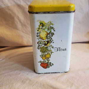 Aged Cheinco Spice of Life Flour Tin Spice of Life White and Yellow Storage Box, Vintage Kitchen