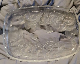 Beautiful Rectangular Mikasa Frosted Glass Rose Tray Serving Dish with Ruffled Edges