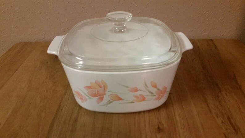 On Sale A 3 B Peach Floral Corning or Pyrex Casserole Dish 3 Liter Bowl with Lid Serving Glass Collectible Kitchen Decor