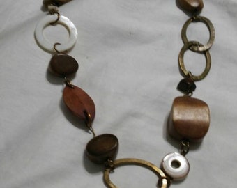 Fish Hook Style, Brown Wooden and White Plastic Beaded 34 inch Necklace, Costume Jewelry, Fashion Accessory