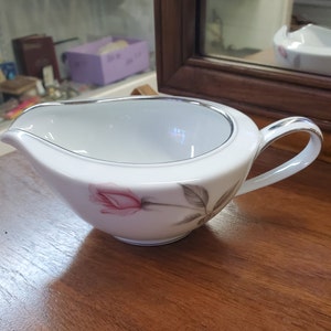 Rare Find, Noritake &quot;Rosemarie&quot;, Milk Creamer or Syrup Pitcher, Pink Roses, Gray Leaves, Gray Band, Made in Japan
