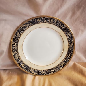 Puede incluir: Un plato de cena de cerámica blanca con un borde negro y dorado. El borde presenta un patrón floral decorativo.