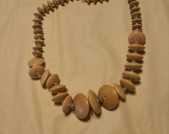 Silver Toned and Tan  Wooden Beaded 20 inch Single Strand Choker Necklace Costume Jewelry Fashion Accessory